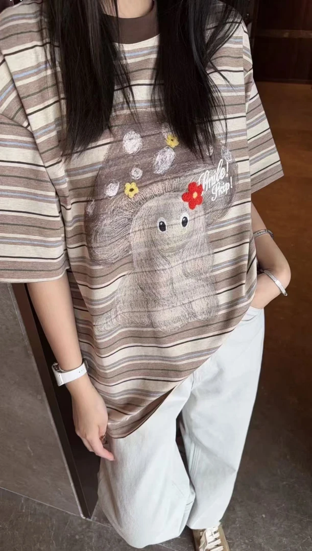 【BAI】印花条纹T恤女夏新款宽松上衣5868