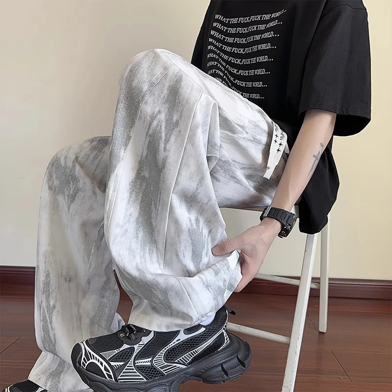 扎染阔腿冰丝男裤夏季宽松直筒薄款凉感速干休闲长裤潮流品牌裤子