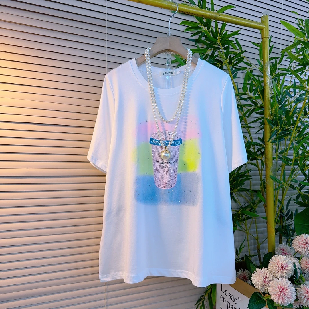 9286胖mm欧货时尚休闲百搭款设计感重工钻印花宽松遮肉减龄短袖衫