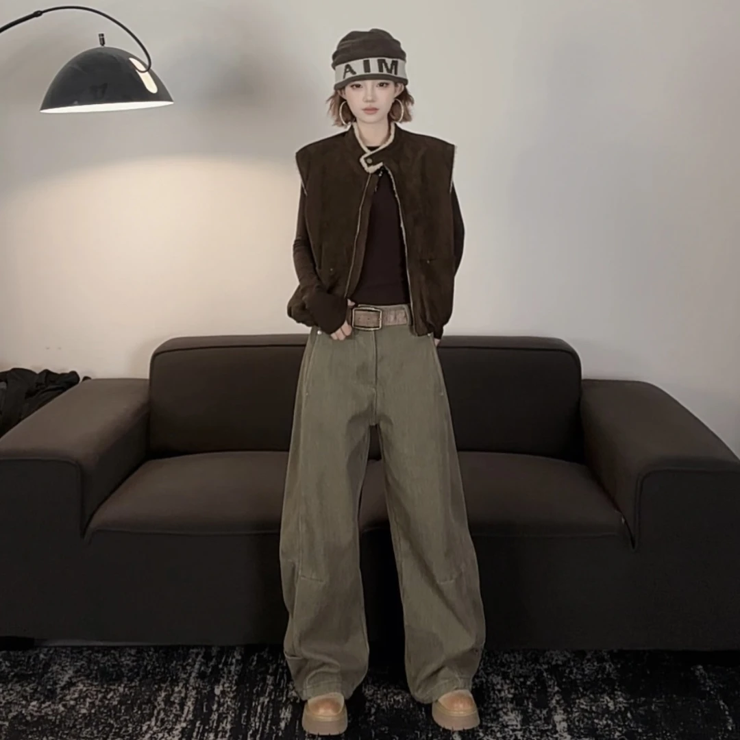 松弛感洗水牛仔女工装裤设计感阔腿复古垂感休闲#88757