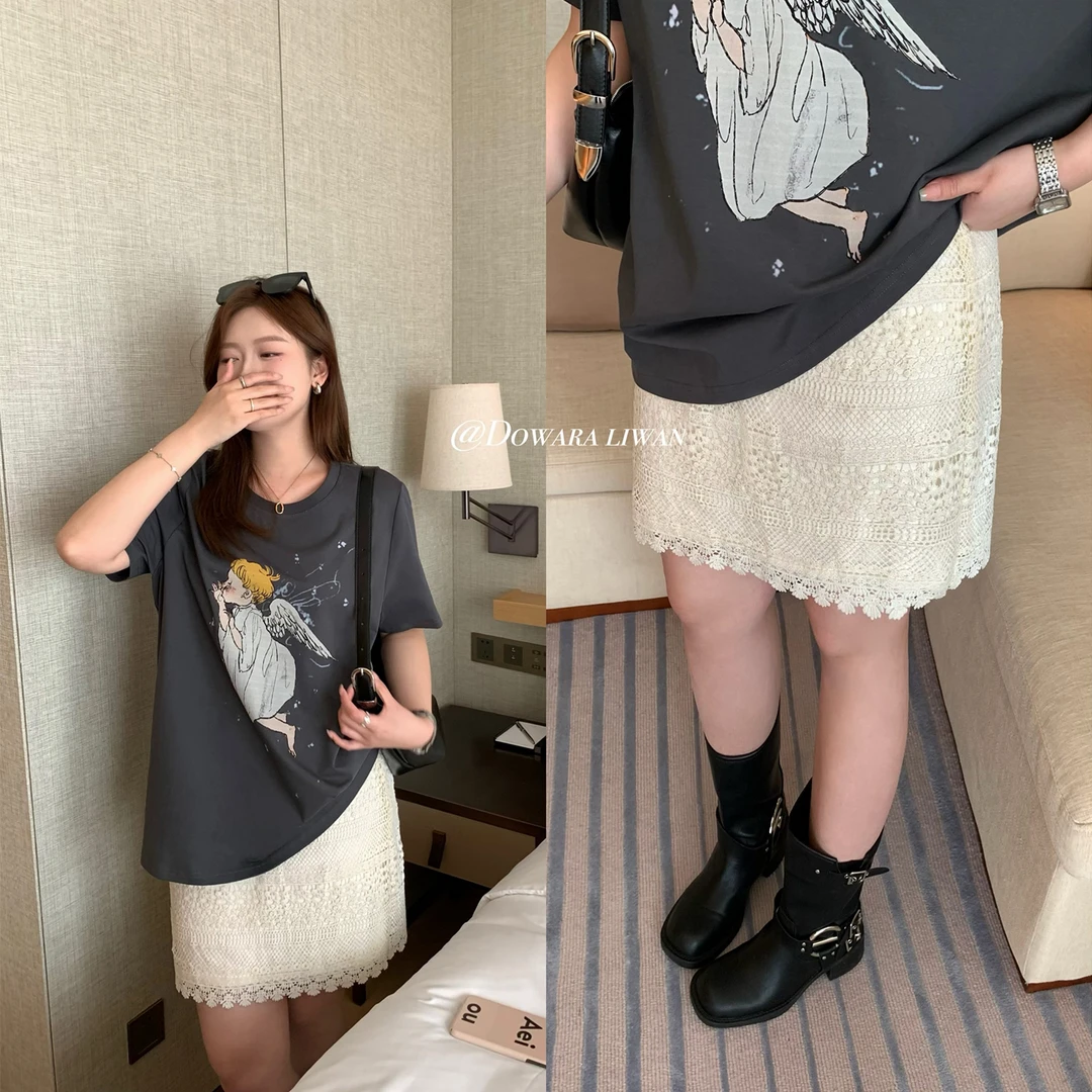 现货大婉酱微胖定制蕾丝提花镂空半身裙春夏a字短裙高腰裙子7752D