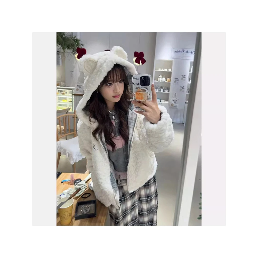 秋冬新款可爱毛绒绒兔毛外套女高级感小个子宽松百搭短款小众上衣