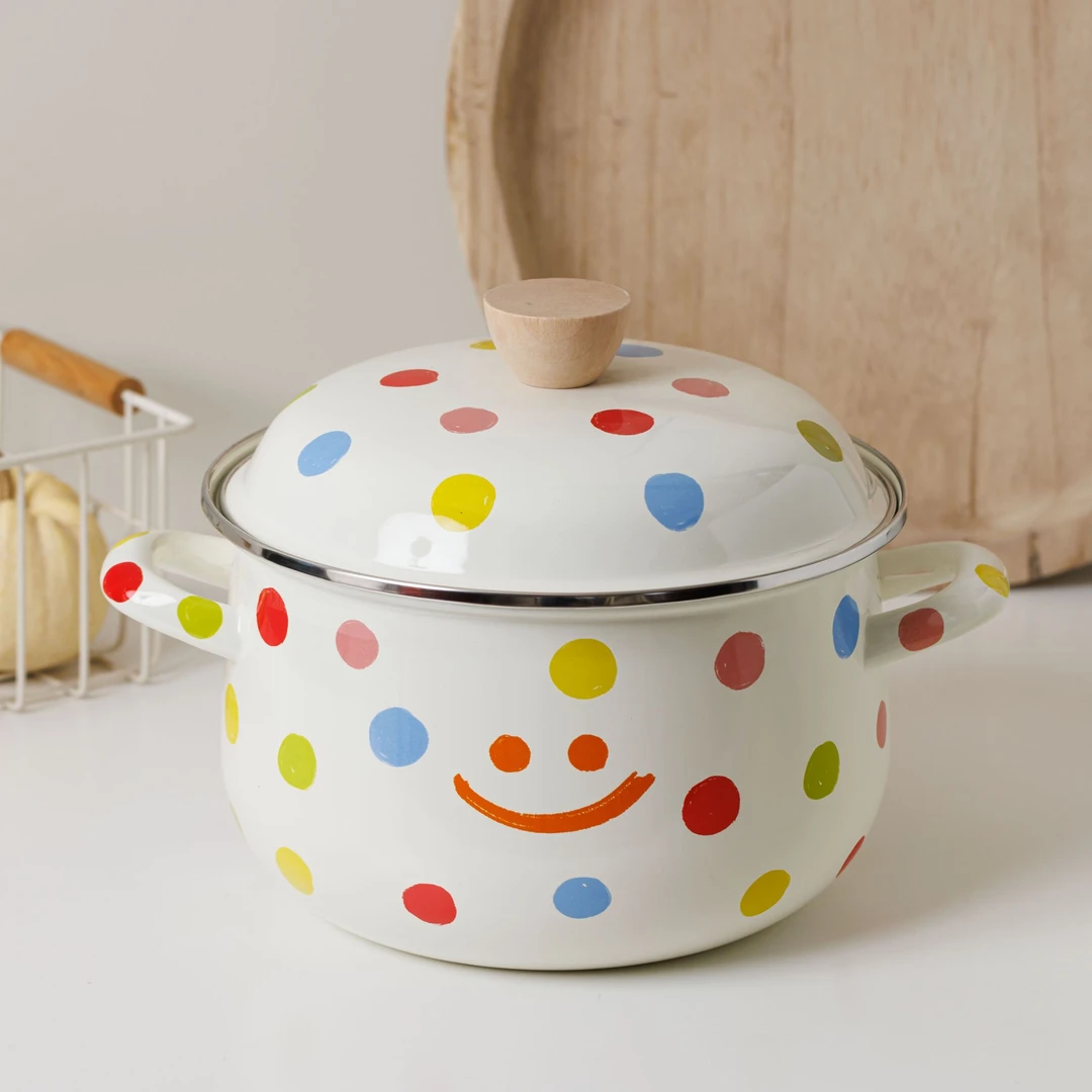 【设计师款】 22CM 4L 波点笑脸  搪瓷汤锅 灶具通用
