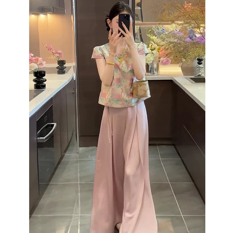 【现货】2025夏季新款缎面老虎提花气质直筒上衣➕粉色阔腿裤套装