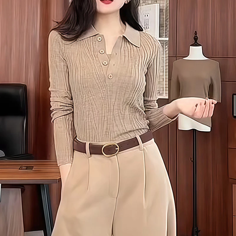 韩系时尚显瘦水波纹POLO领针织衫女2025秋冬新款小众纯色打底上衣