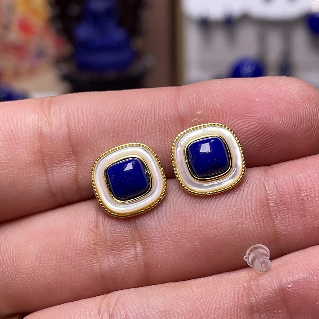 小***呀青金石银S925镀金镶嵌白贝耳钉