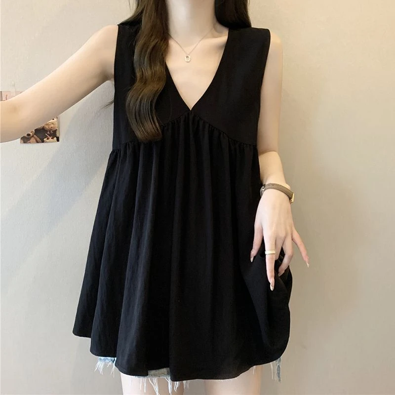 大码超好看中长款黑色背心女夏季2025新款设计感胖mm无袖V领上衣