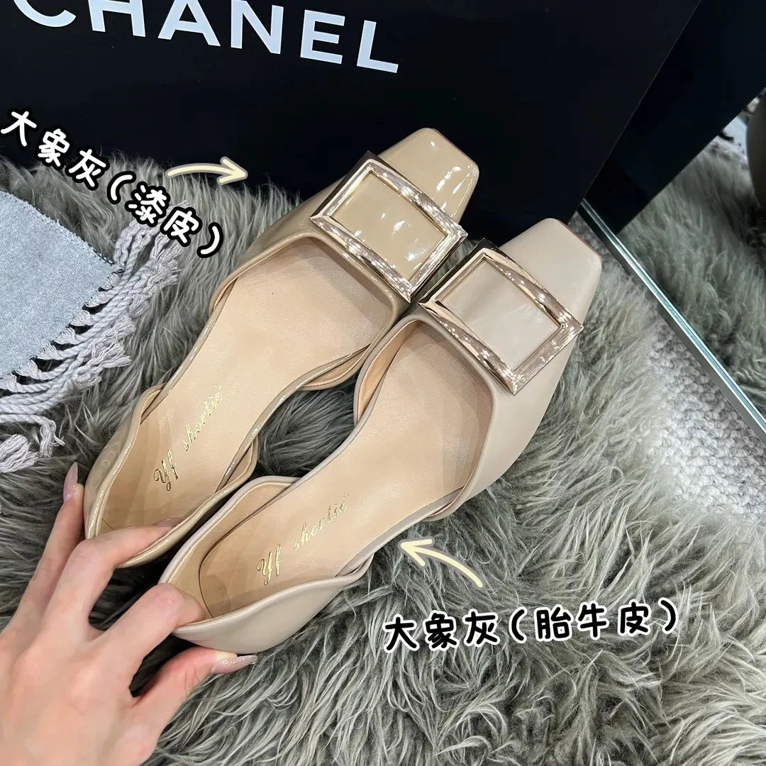 浅口单鞋女25新款春夏季漆皮百搭方扣法式气质中空方头奶奶平底鞋