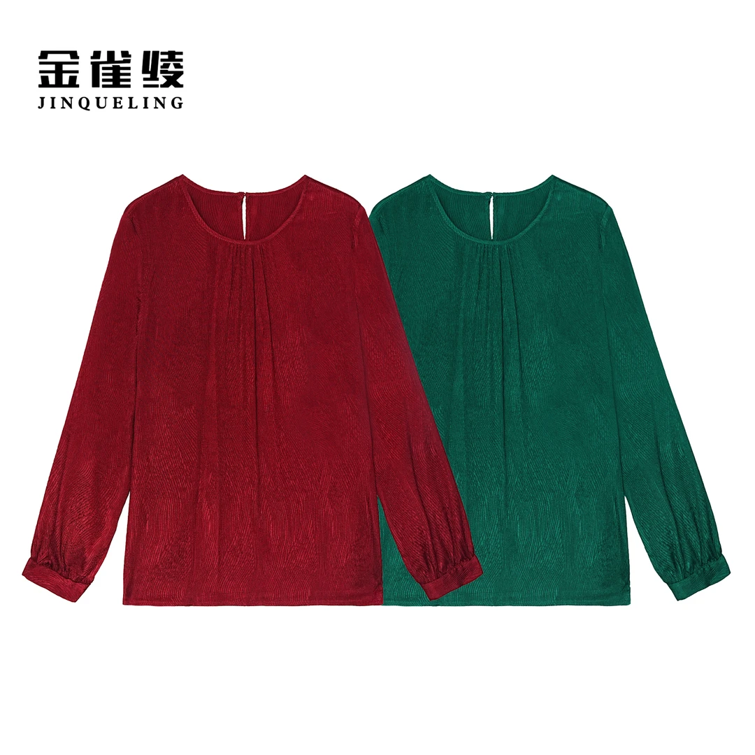金雀绫【浮翠流丹】桑蚕丝圆领褶皱工艺加宽加大衬衫SZA3SW611