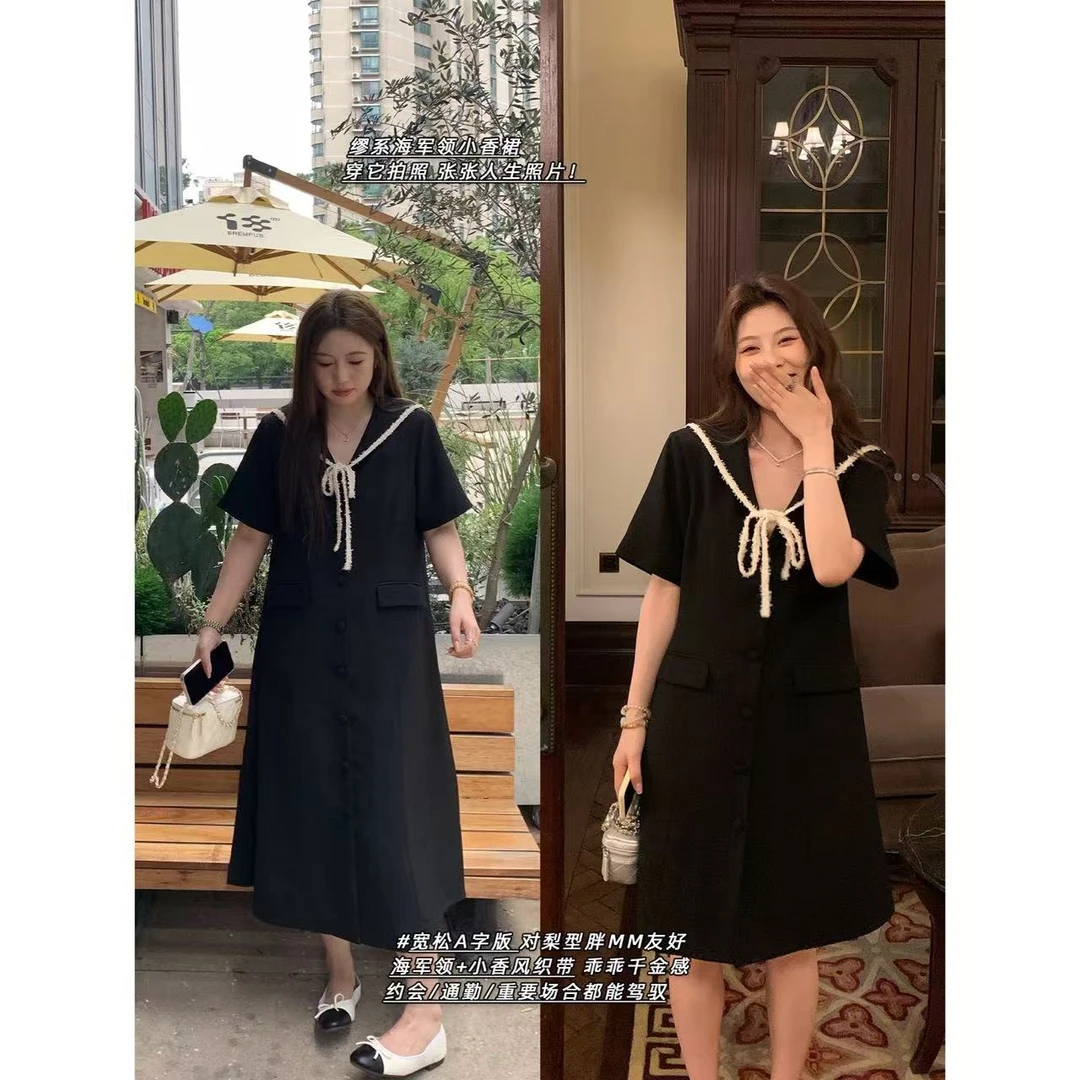 【现货秒发-NAZ瑶瑶微胖大码定制】夏季法式优雅气质海军领连衣裙