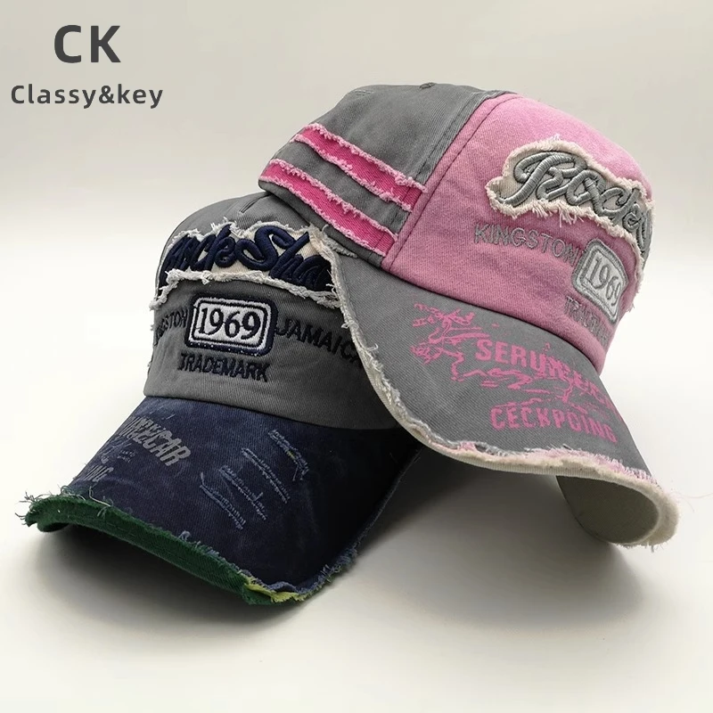 Classy key新加坡设计师联名款复古水洗做旧字母刺绣破洞鸭舌帽子