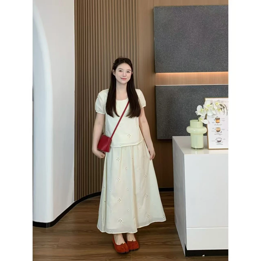 小羽酱小个子定制韩系气质镂空短袖上衣＋松紧腰半身裙两件套套装