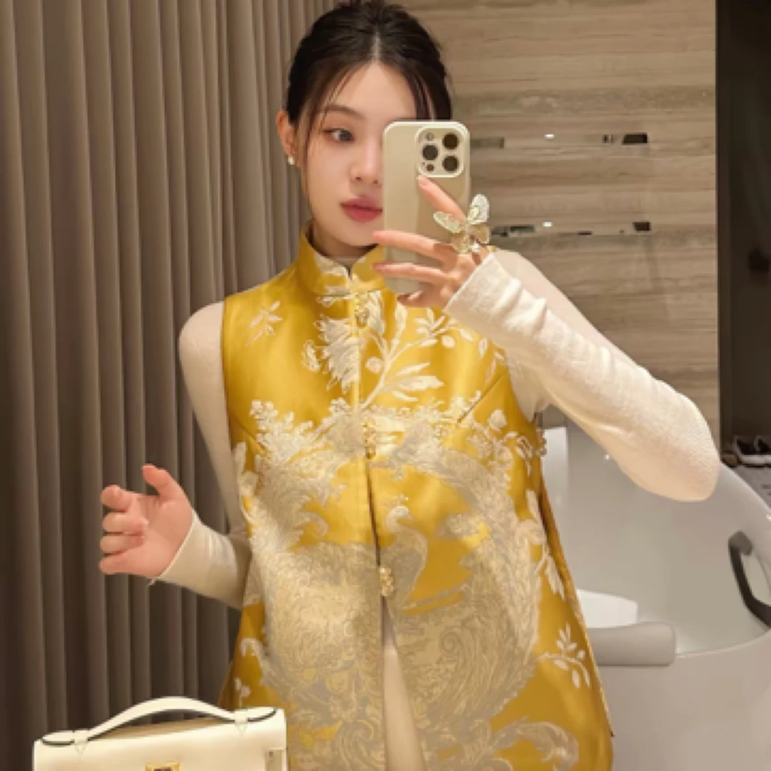 春秋夏孔雀东来飞四季通用单排扣马夹唐装中国风网红i黄色双面