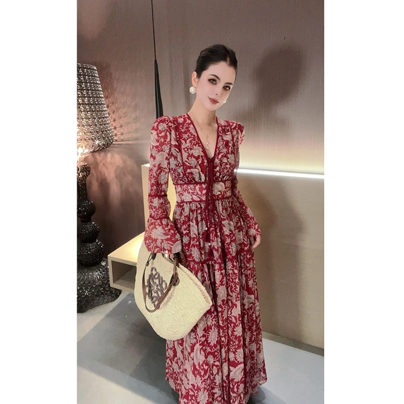 波西米亚度假风印花喇叭袖连衣裙Q30409