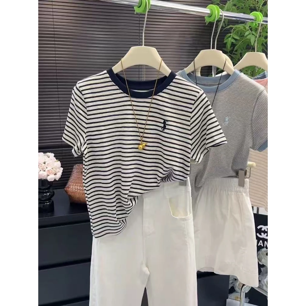 外贸原单韩版宽松显瘦百搭圆领条纹短袖T恤女设计感小众上衣25064