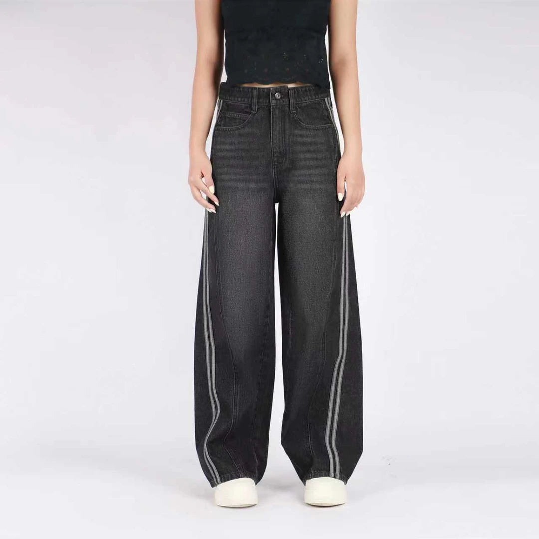 2025年女士秋冬美式侧边条纹高腰复古宽松阔腿弯刀牛仔长裤MA218