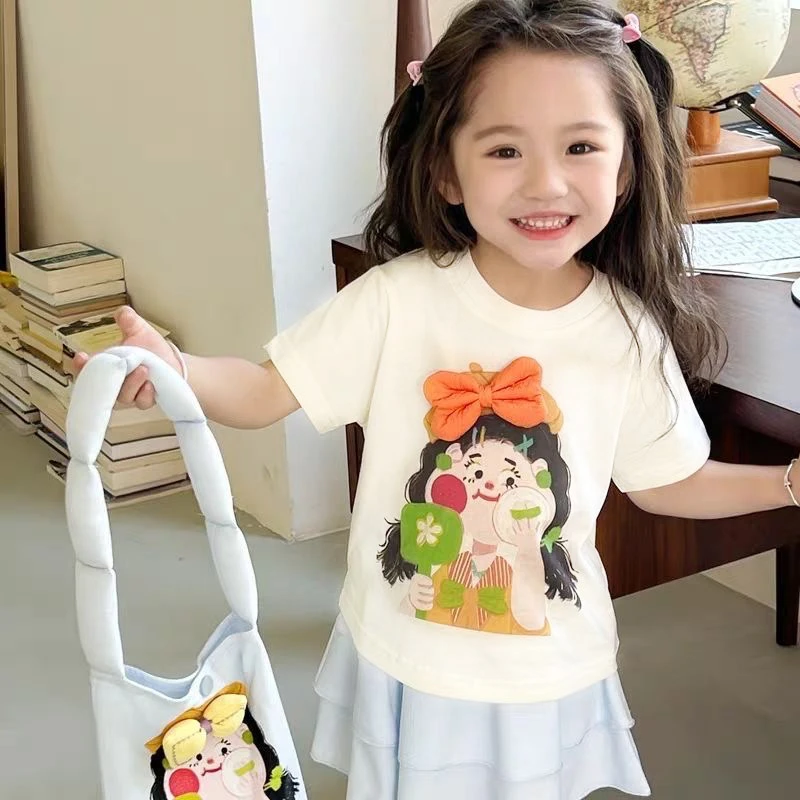 女童韩版立体蝴蝶结短袖T恤2025夏季新款女宝宝洋气卡通纯棉上衣1