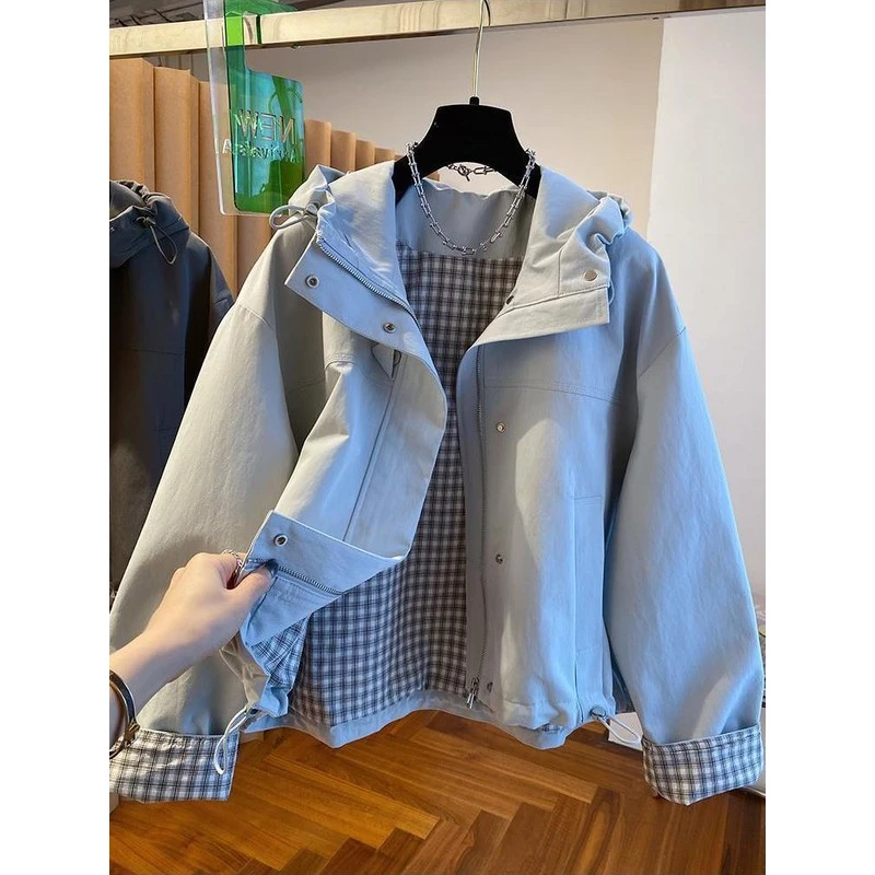 2025短款春装连帽冲锋衣夹克内衬格子拼接新款宽松韩系风衣外套女