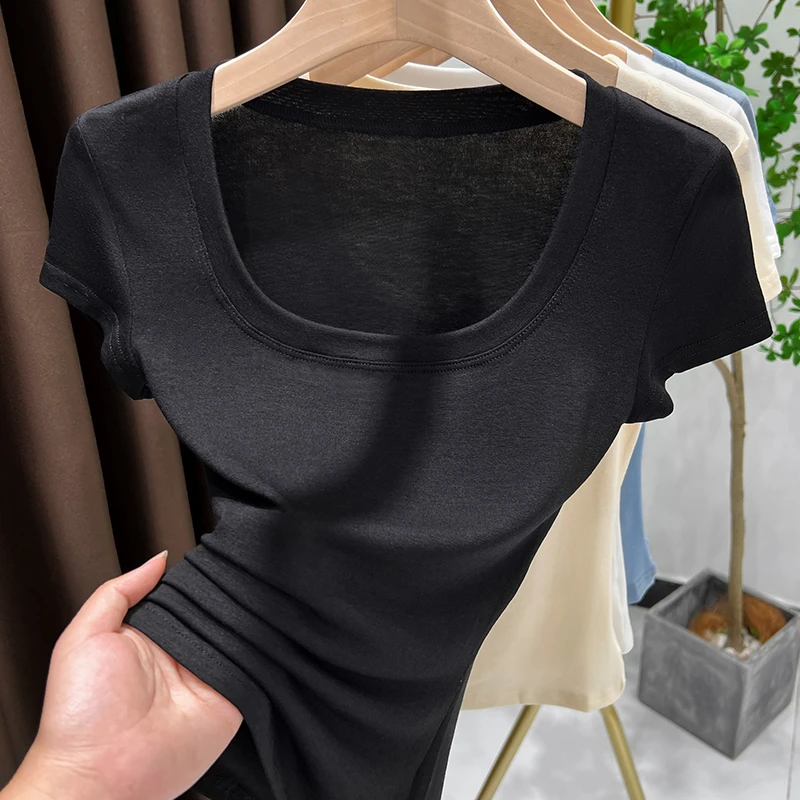 u领正肩显瘦短袖T恤女爆款2025新款时尚针织修身打底衫百搭小衫薄