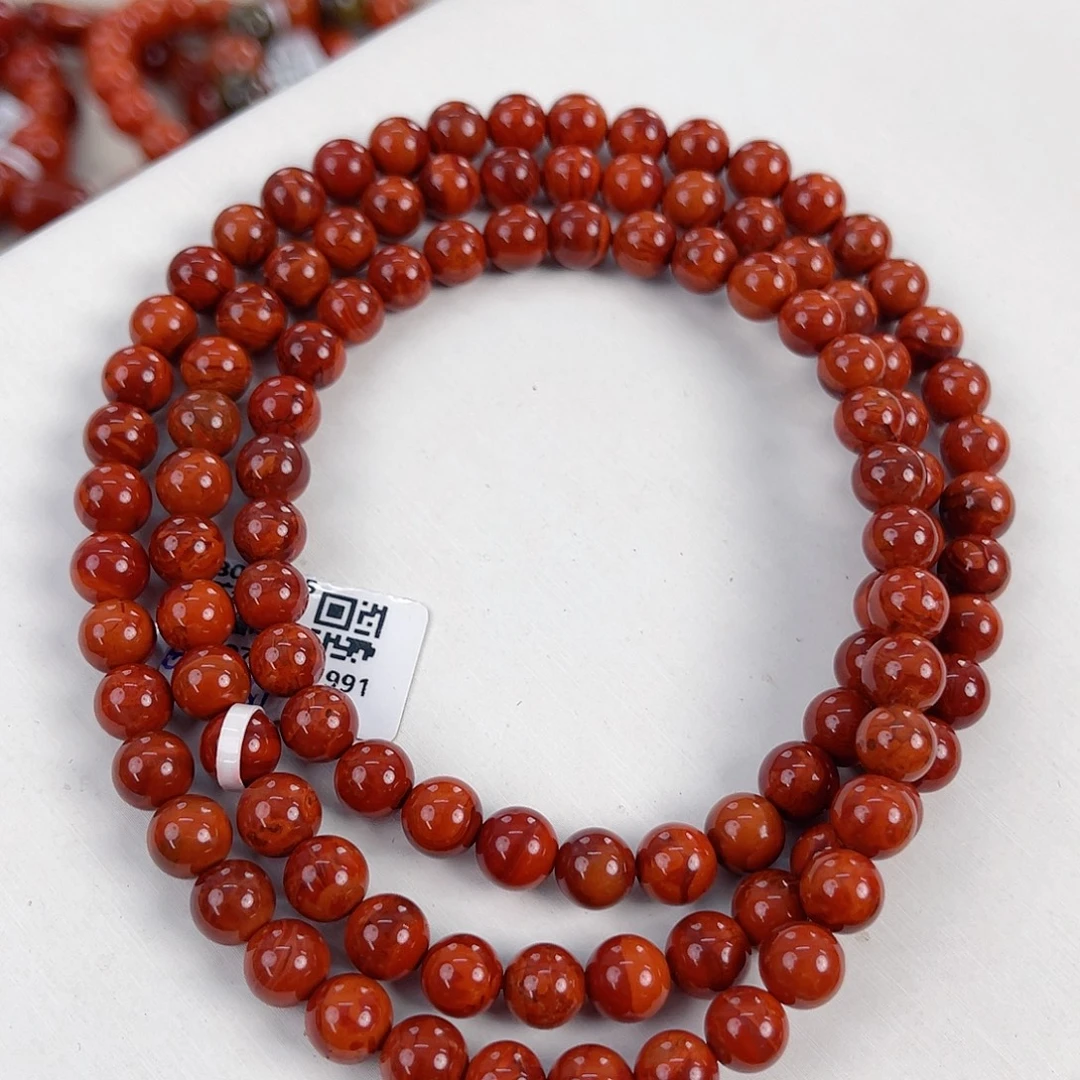 南红玛瑙未镶嵌瓦西高货牛血红双色火焰多圈7mm