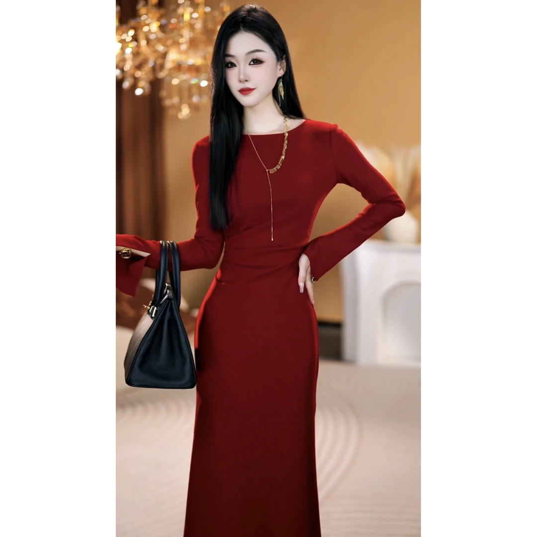 【琳玥】红裙映秋慵懒高级轻奢设计师显瘦时尚女装连衣裙-YL11824