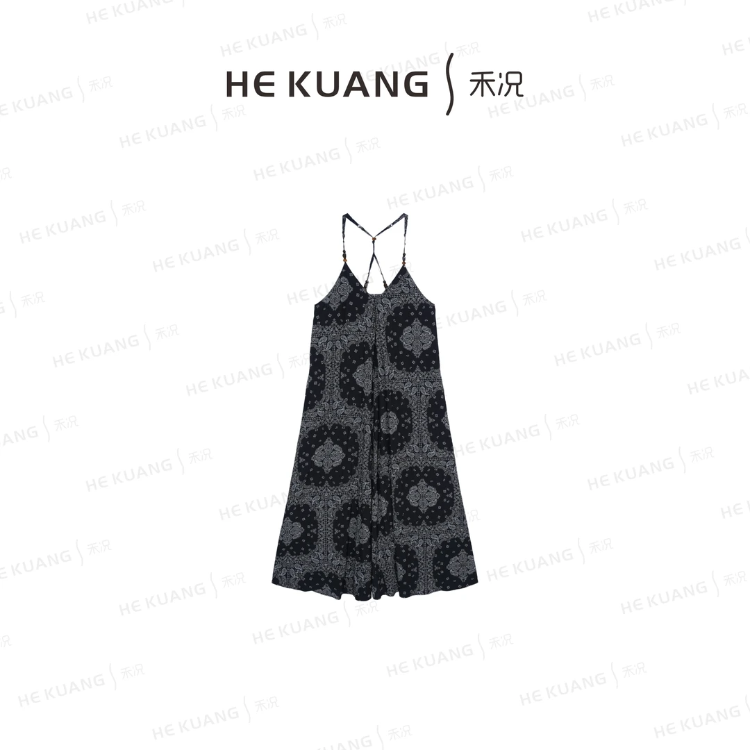 禾况HEKUANG【小画家】法式复古印花度假风吊带连衣裙L652 0067
