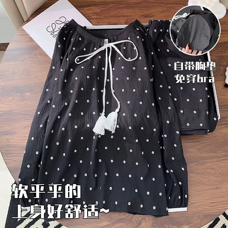 2025春季薄款云朵棉带胸垫家居服套装圆领系带小碎花长袖睡衣女秋