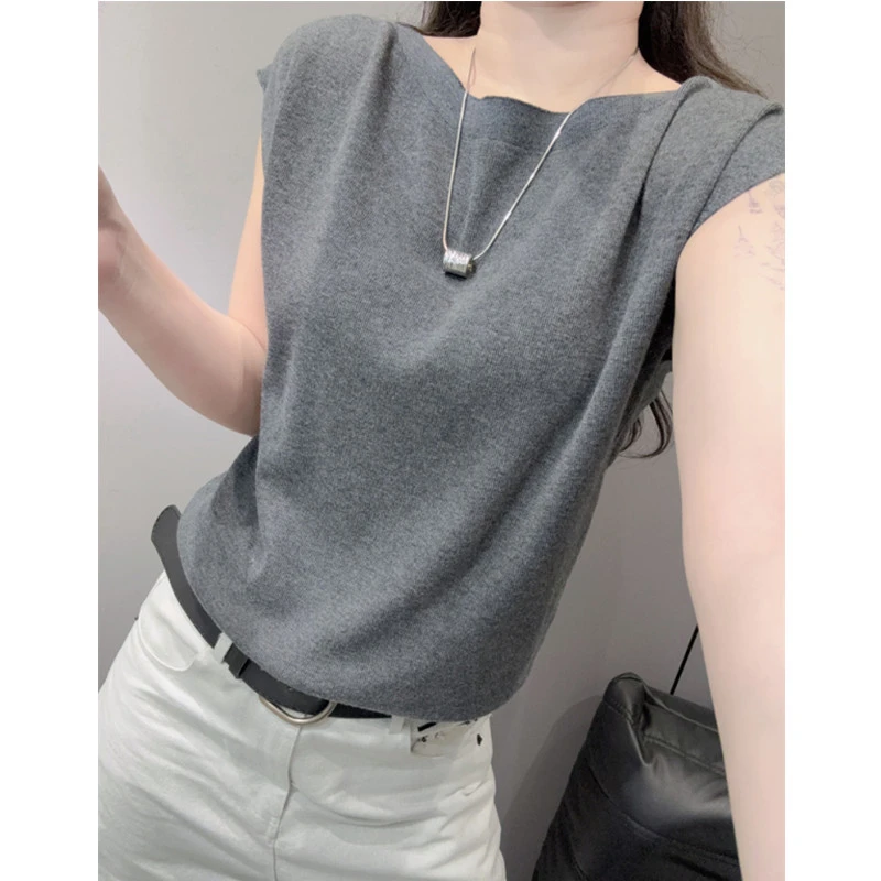 露锁骨冰丝针织衫短袖女高级感气质百搭宽松落肩袖大圆领上衣夏天