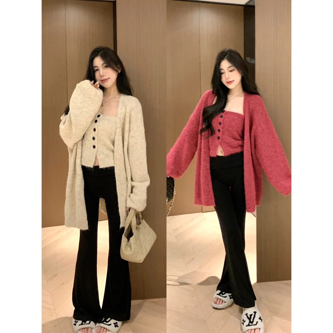1邱肉瑶清【定格时光】2024排扣抹胸毛衣开衫两件套针织慵懒风