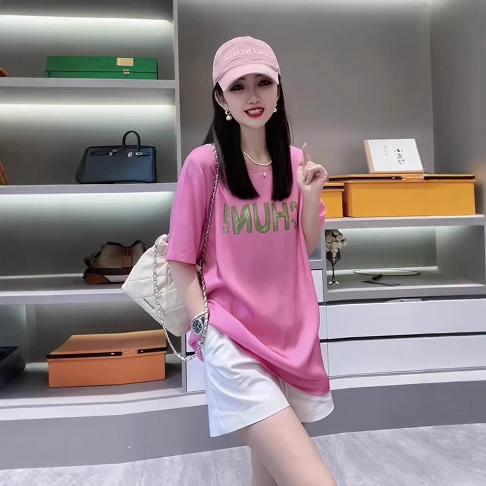 时尚休闲短裤穿搭一整套新款粉色减龄印花宽松套头短袖女装两件套
