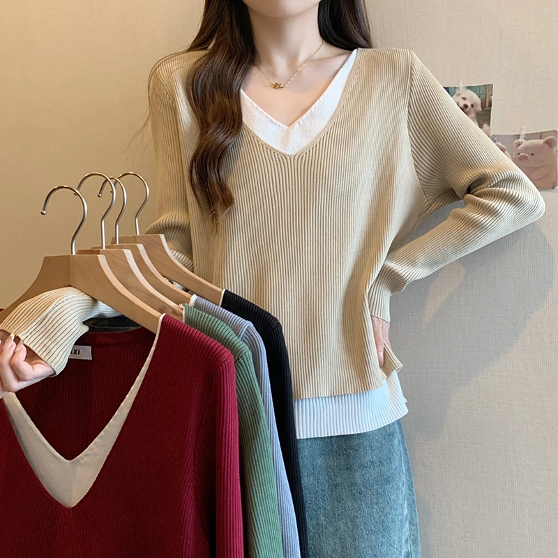 【依依】2025春季新款大码女胖mm百搭设计感假两件长袖针织上衣毛衣