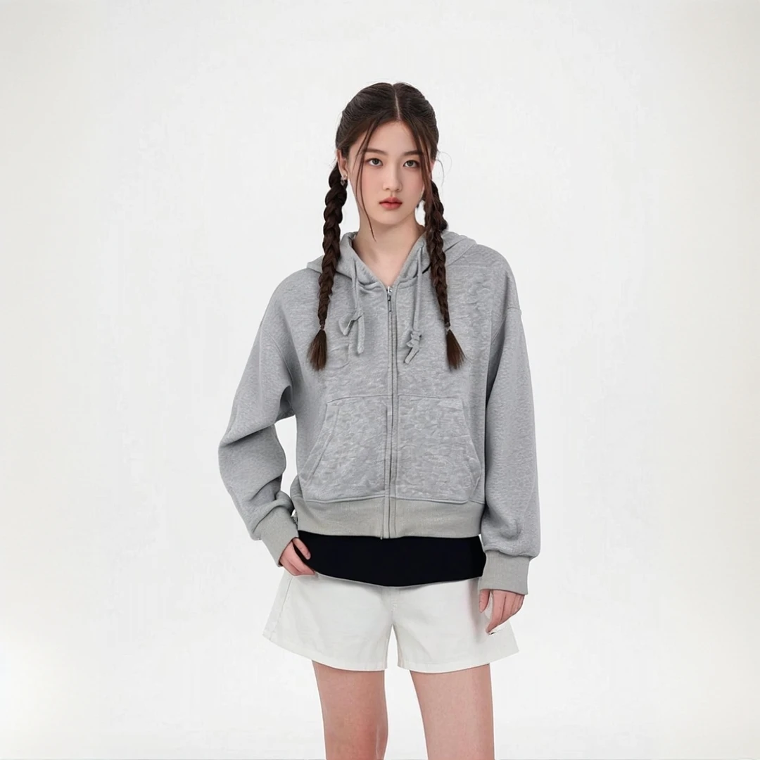 拉链短款常规长袖女宽松连帽卫衣秋季插肩袖口袋