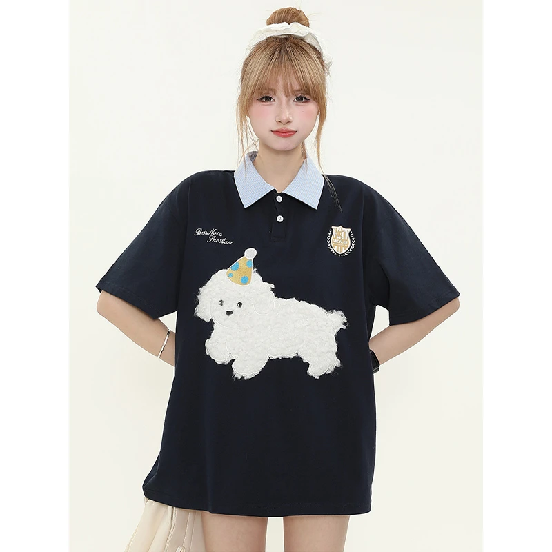 300斤大码女装可爱学院风小狗刺绣短袖T恤胖mm夏季POLO领设计上衣