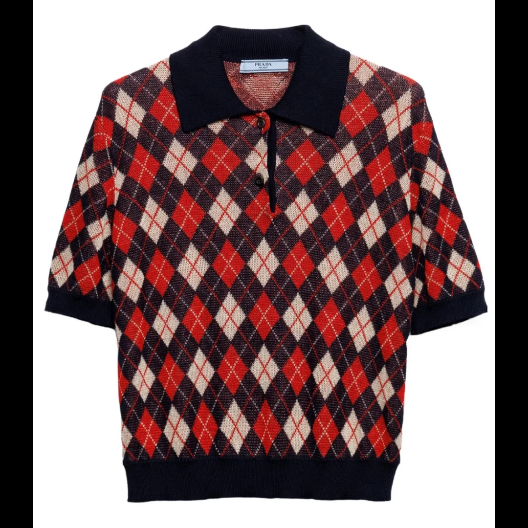 未使用 Prada/普拉达 图案嵌花Polo领短袖针织衫 女款 秀款