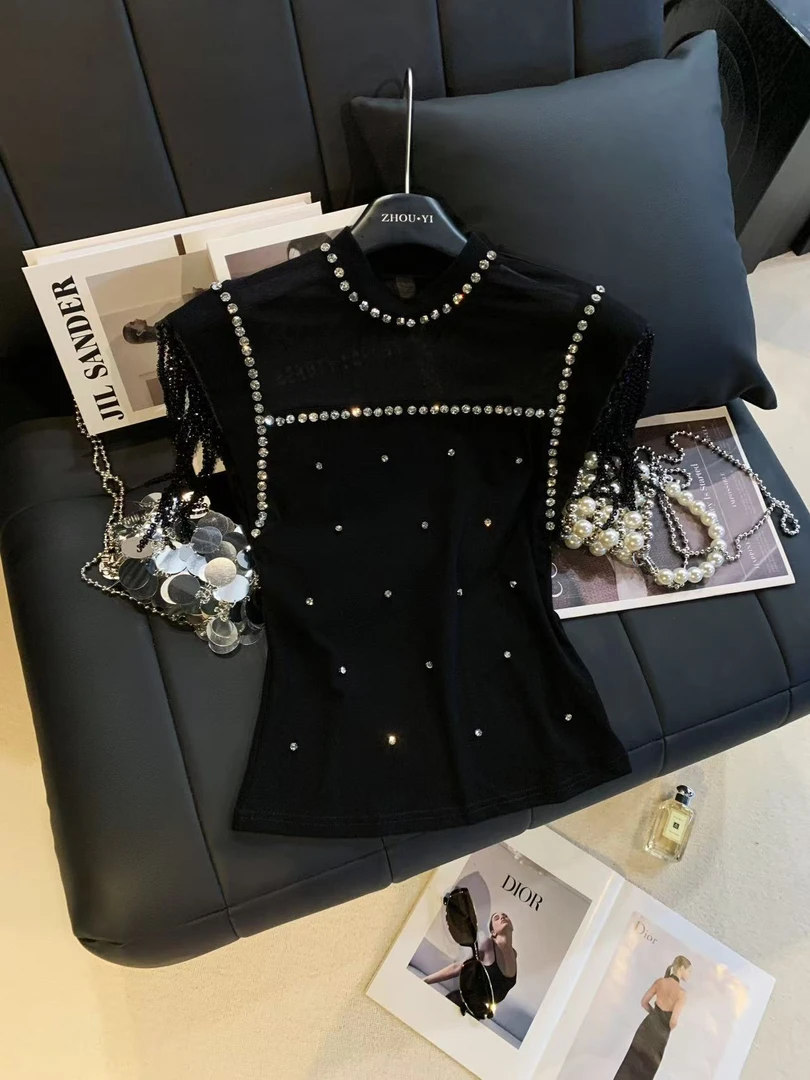 ZHOUYI/周一 夏季2025新款上衣女圆领钉珠链条无袖女时尚百搭T恤