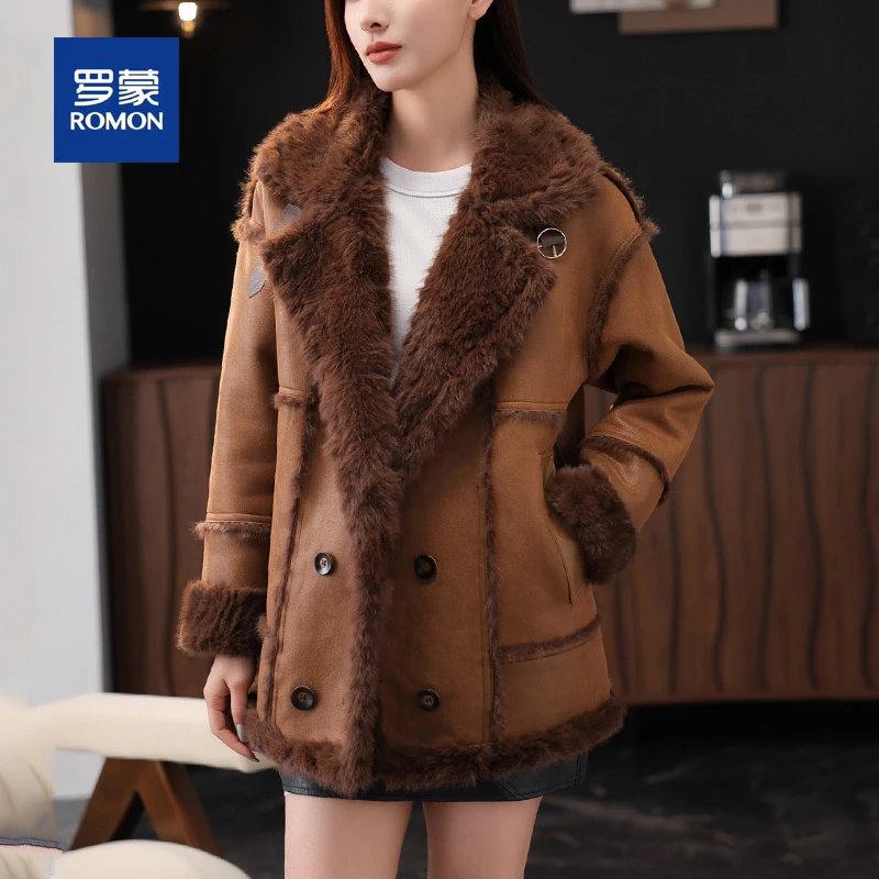 罗蒙妈妈冬装皮毛一体外套女新款时尚加绒加厚中年女装保暖大衣