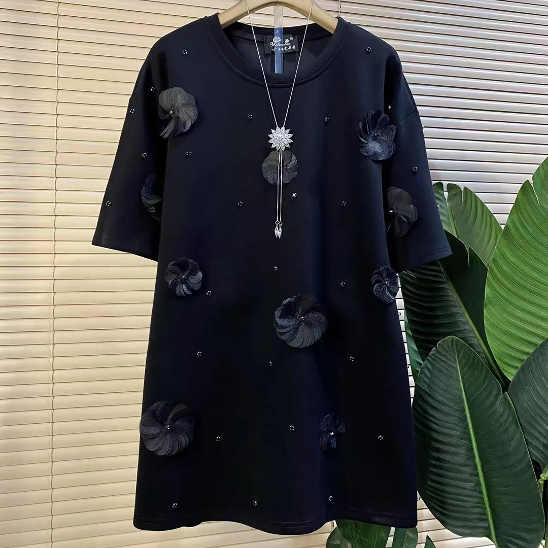 Y胖mm欧货时尚新款洋气立体小花朵拼接遮肉显瘦大衫