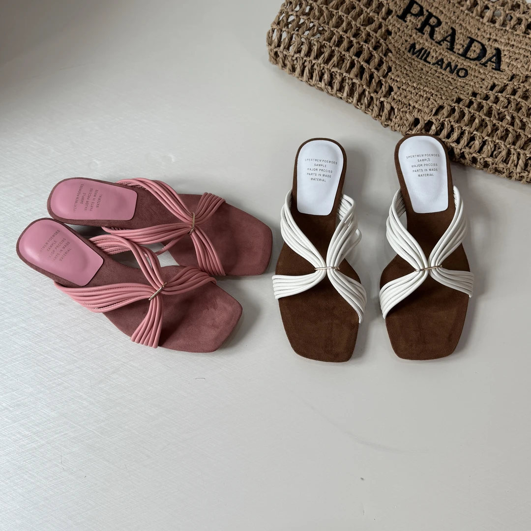 金属装饰坡跟夏季方头薄款一字拖休闲交叉包头高跟低跟百搭