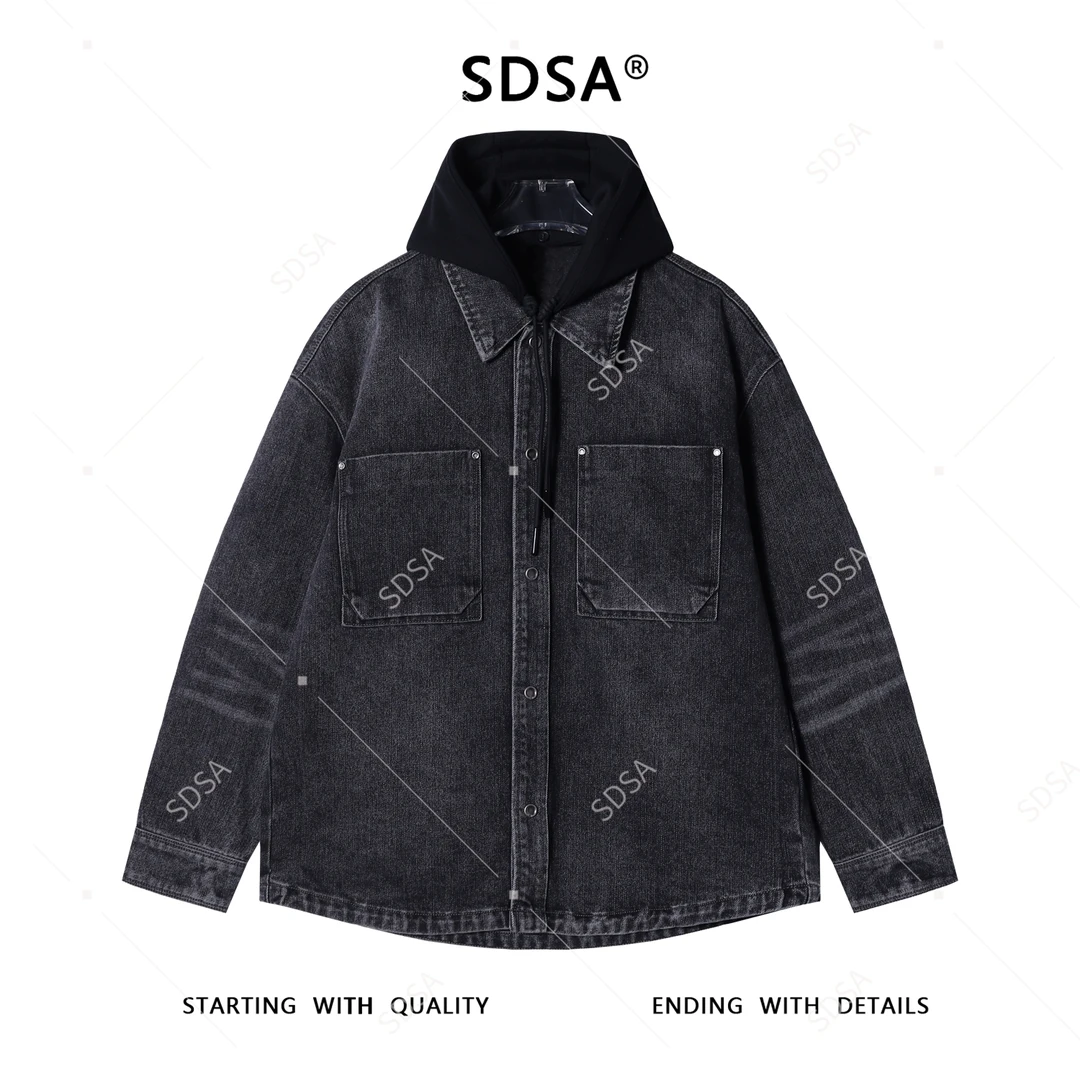 SDSA男士秋冬新款痞帅男装简欧风宽松拼接连帽牛仔衬衫百搭时尚