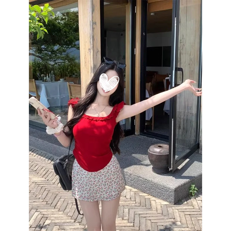 方领红色复古飞飞袖T恤女夏季修身显瘦短款露肚脐上衣7733#