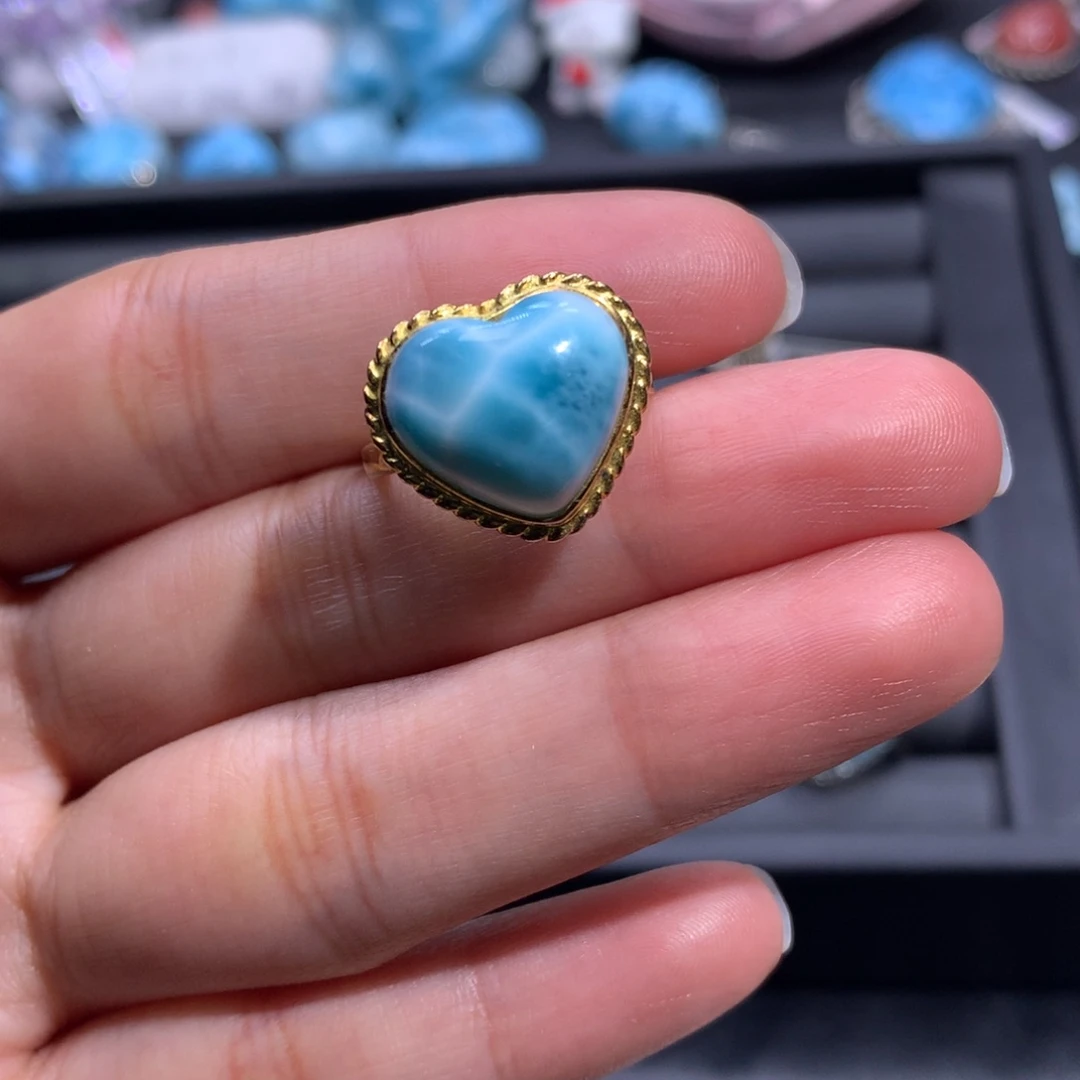 针钠钙石（海纹石）银S925镀金镶嵌戒指爱心戒指色差略异