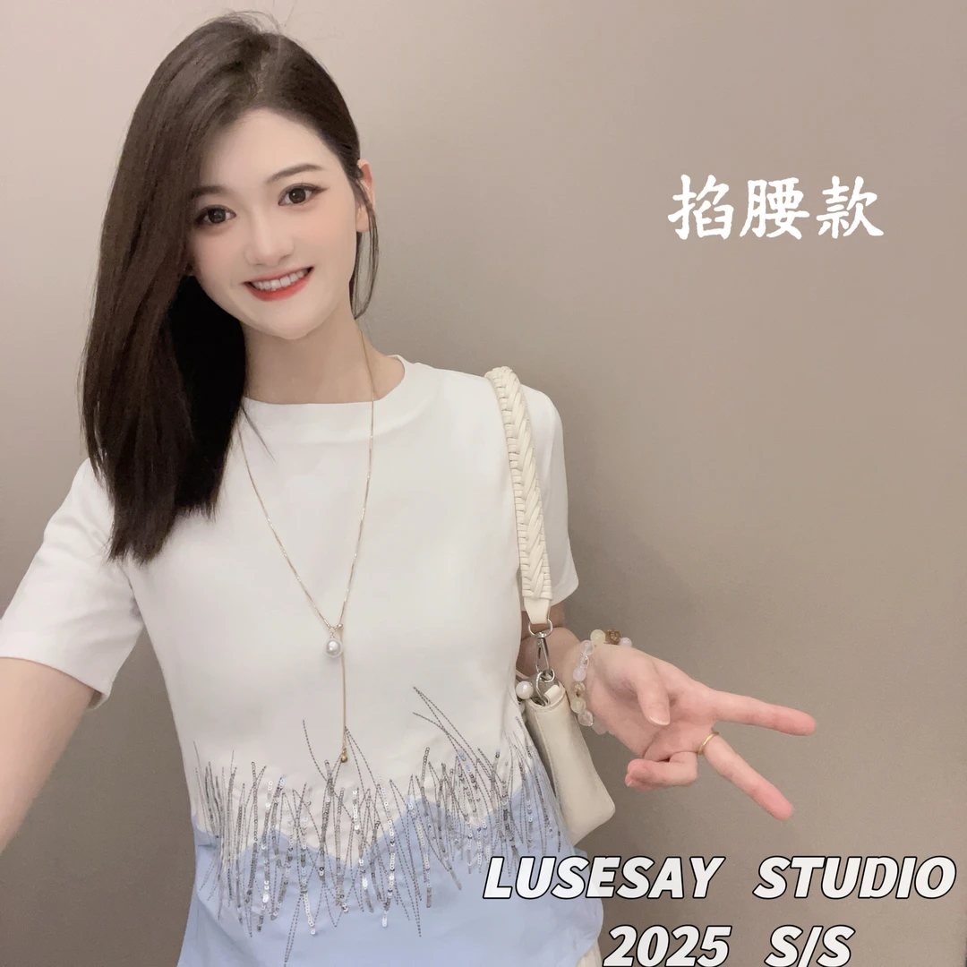 LUSESAY 拼接撞色亮片绣 夏季2025新款短袖t恤女百搭显瘦掐腰上衣