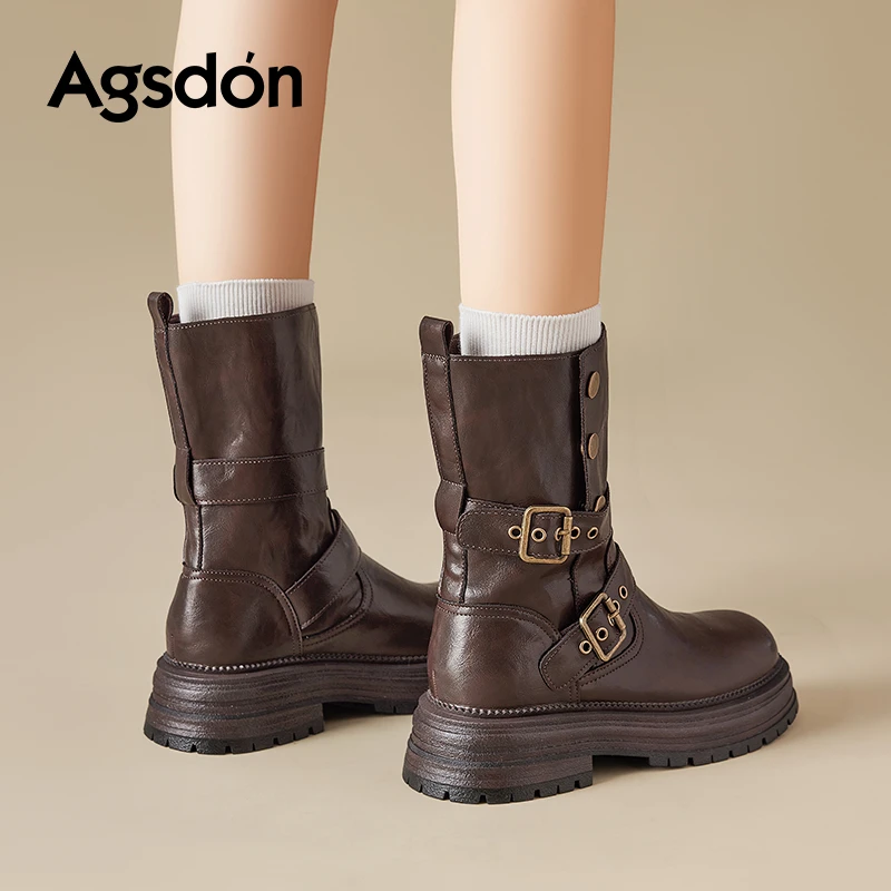 Y奥古狮登棕色马丁靴女2025新款夏季薄款厚底中筒短靴西部骑士靴Y