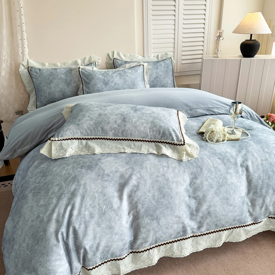 秋冬加厚纯棉磨毛数码印花四件套轻奢风全棉花边被套床笠四套件