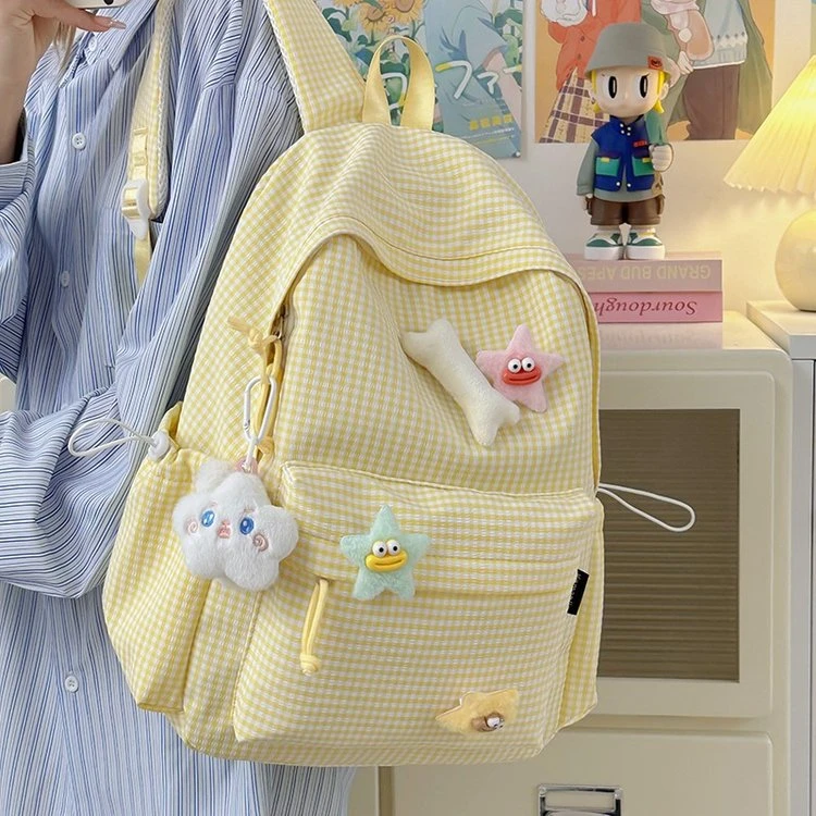 小清新格子书包女大学生初中高中生可爱少女心百搭旅行双肩电脑背