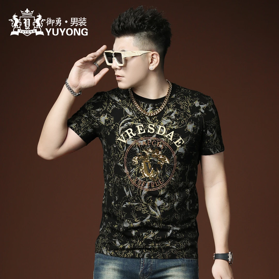 欧货潮牌高端t恤男装刺绣亮片时尚圆领短袖2025新款男士上衣夏季