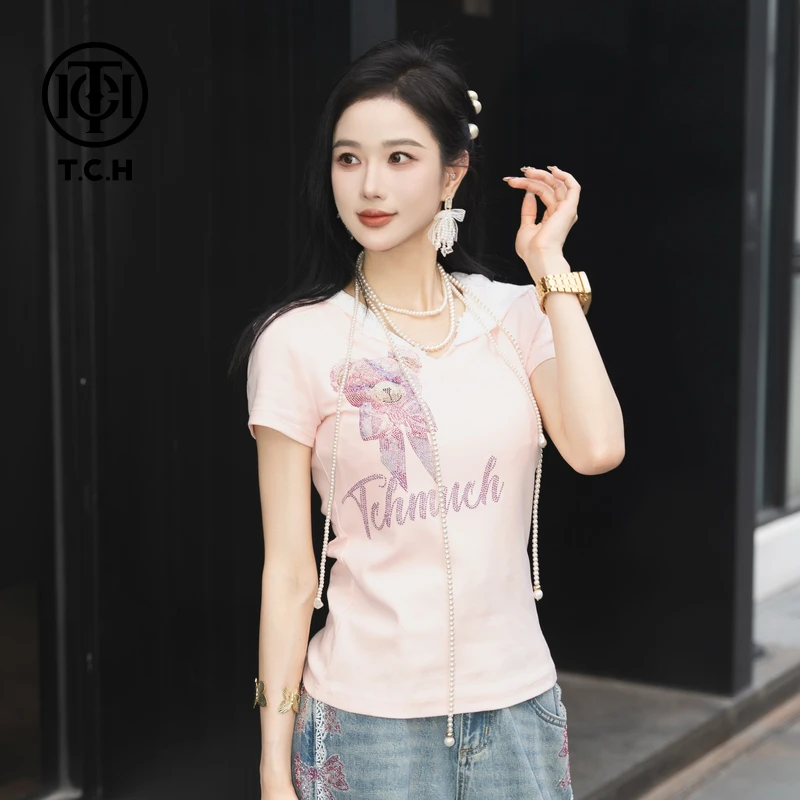 TCH烫钻工艺新时尚淑女百搭新潮流T恤女T75B10E5005轻奢tch