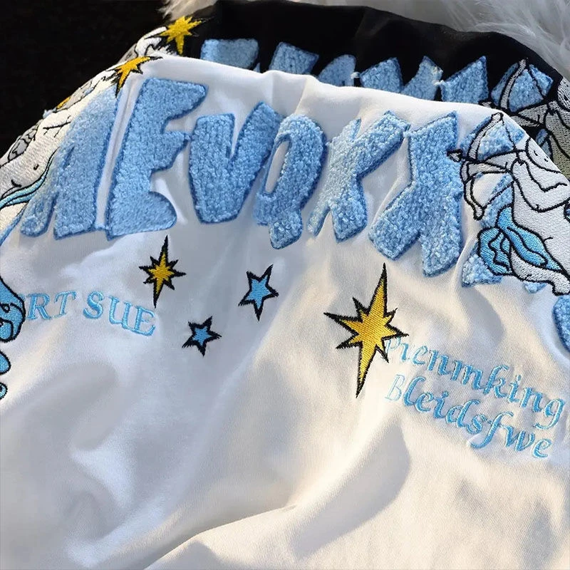 纯棉大码美式复古字母绣花短袖t恤男女宽松休闲情侣学院风上衣潮