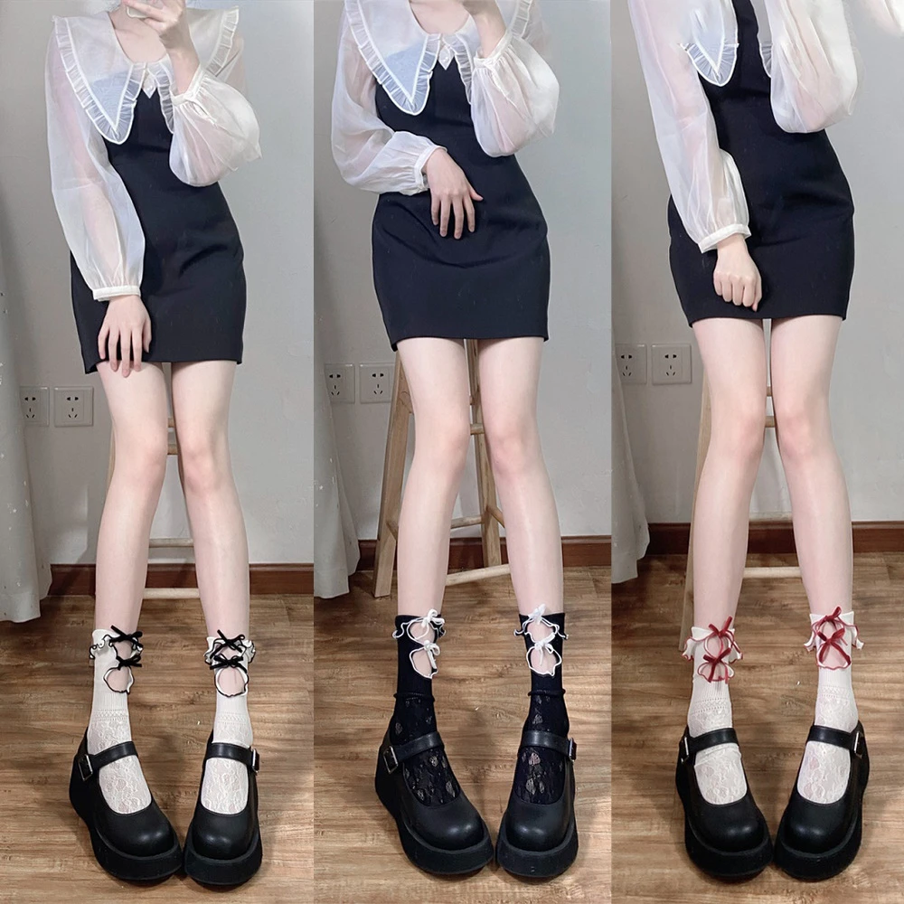 【汐汐专属】蝴蝶结镂空小腿袜辣妹可爱日系纯欲风袜子花卉