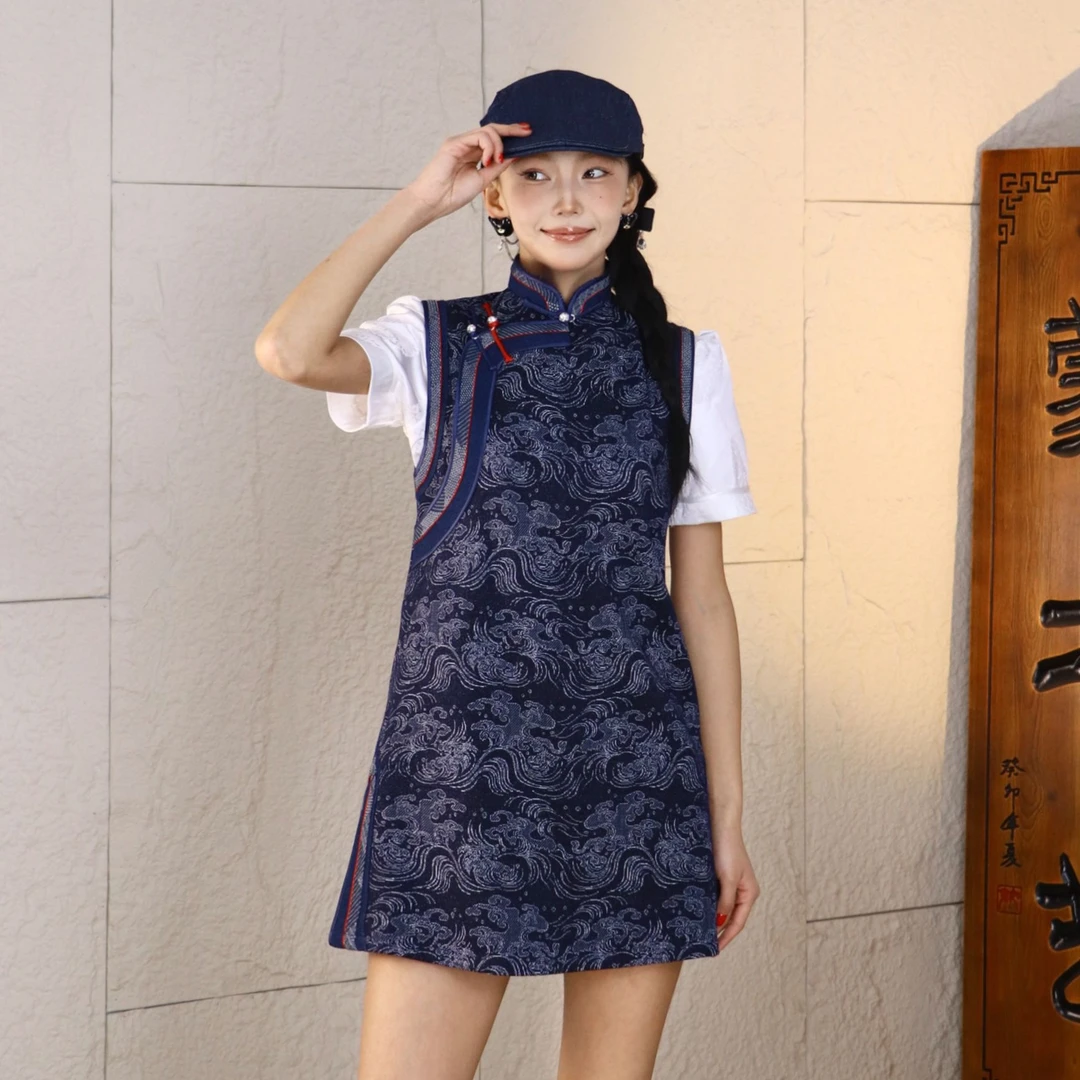 【蒙之艺】深蓝色云朵斜襟蒙古族元素民族风背心裙长马夹